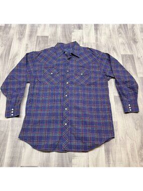 ✅Mens L Indigo Blues Plaid Pearl Snap Shirt Western Cowboy Rodeo Rancher Hand